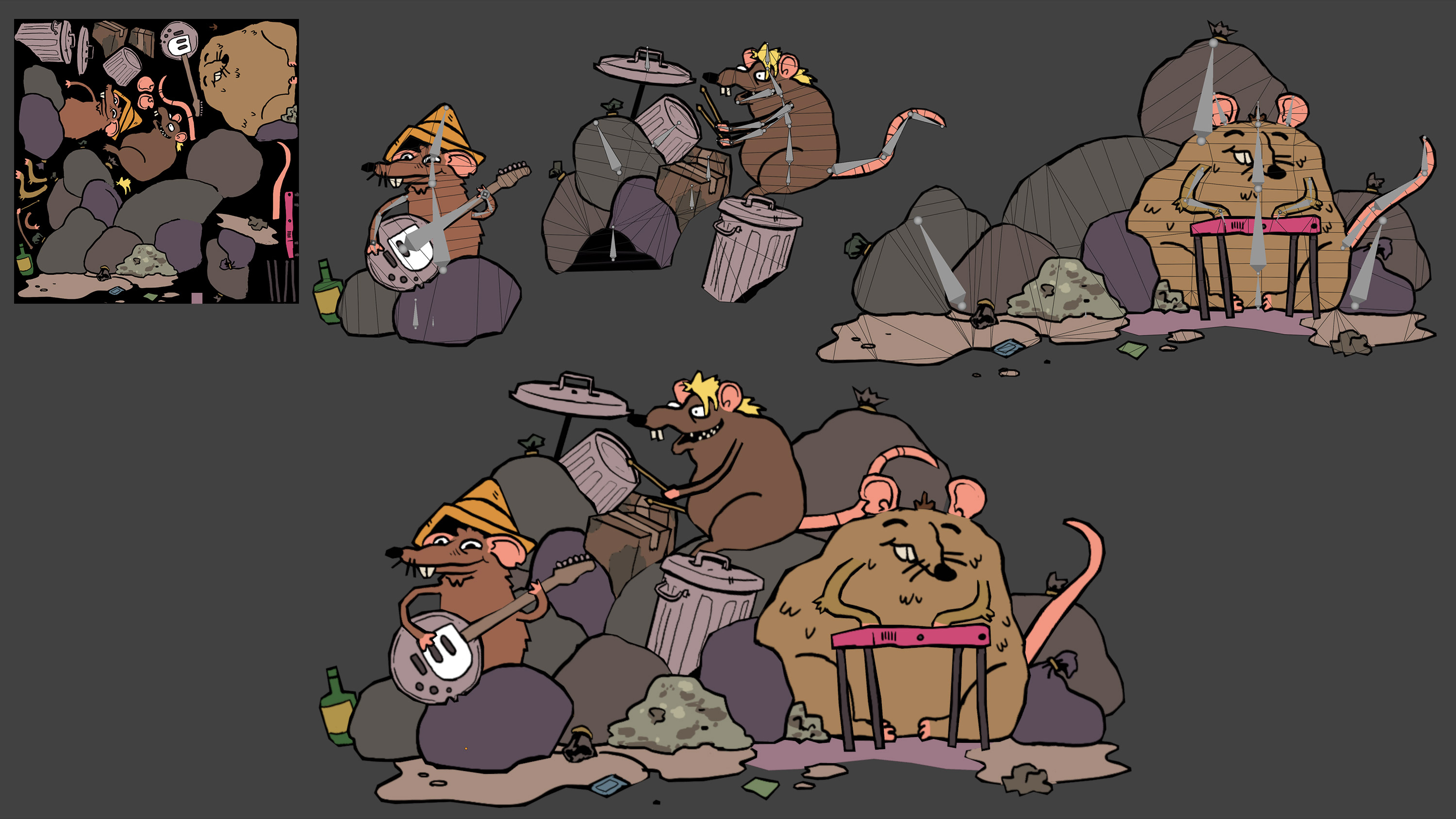 A rat NPC band that lives and plays under an overpass.  This was the first NPC band we created and served as a test case for how these NPCS would be created.