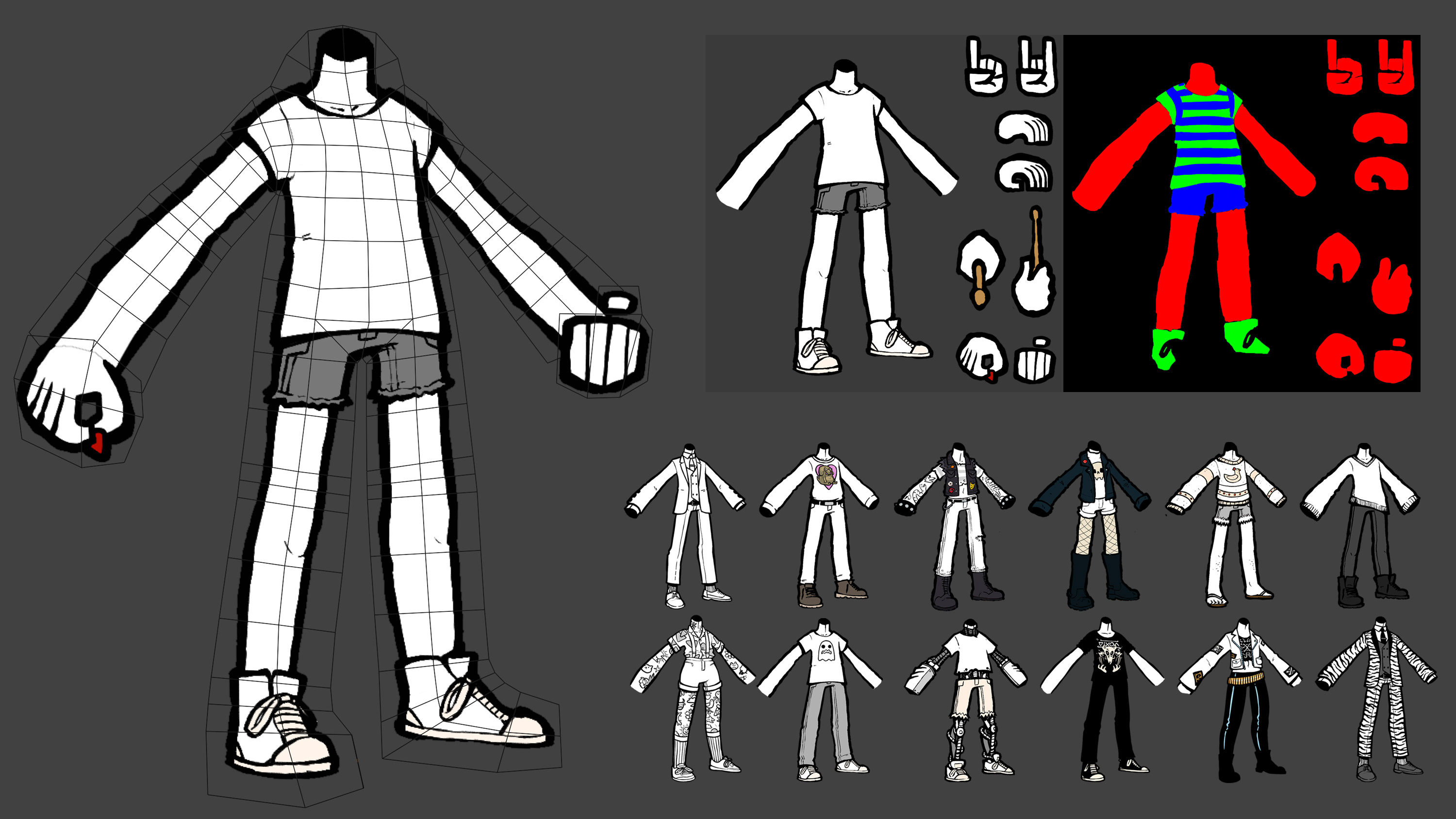 The game is 2d but the character art is technically modeled, rigged, and animated in 3d. A b/w detail texture and a color mask texture got combined in our main shader and allowed clothing colors to be customizable by the player.  This approach was designed to enable the in-house 2d artists to be as productive as possible while also allowing us to use Unreals amazing animation tools.