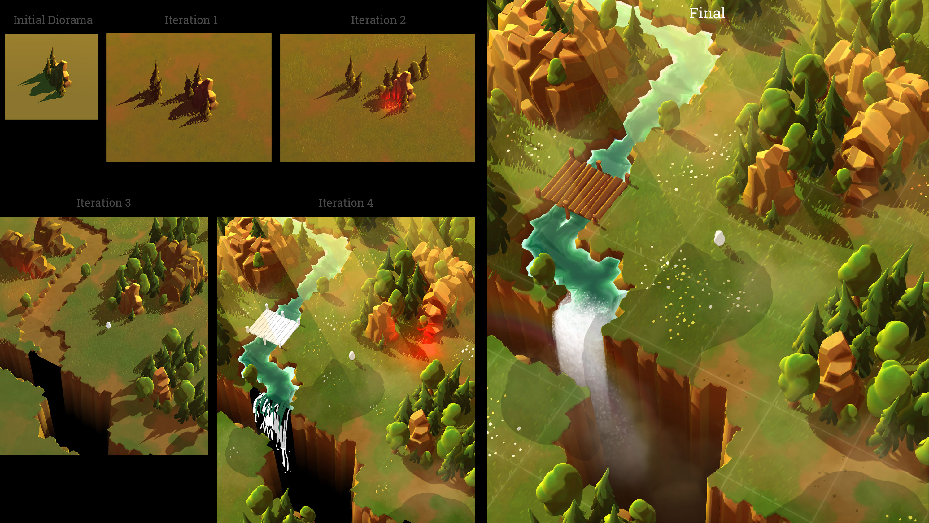 Building off the previous concepts, I spent some time figuring out how to translate the drawings to 3d and then methodically built up the rest of the environment.  This work was done in-engine.  It was built to fit the grid, and I even went so far as to author the shaders needed.