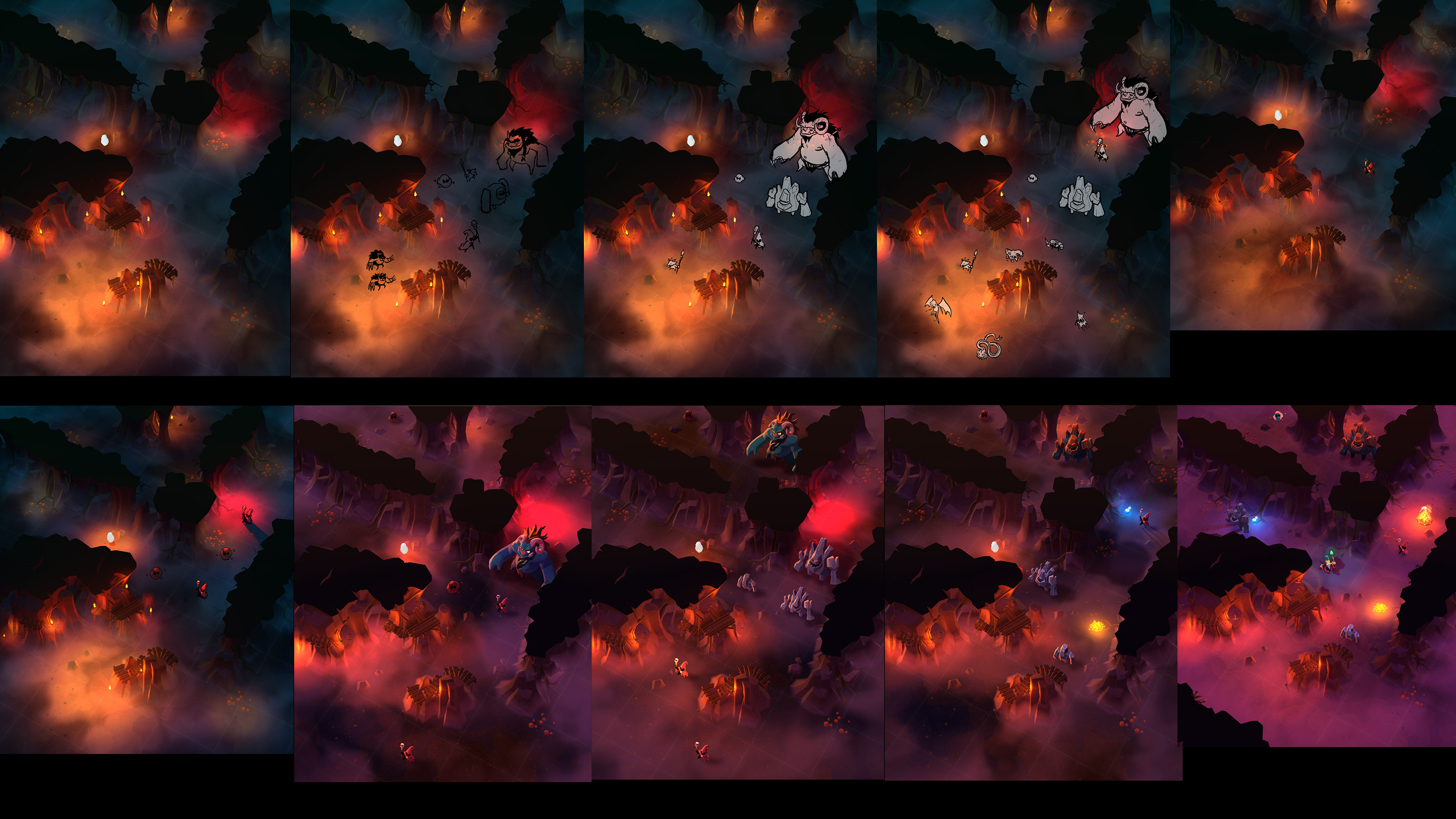I followed the interior environment work with character development work.  Sketches became models, which became textured versions with a custom shader to help them pop at their small size.