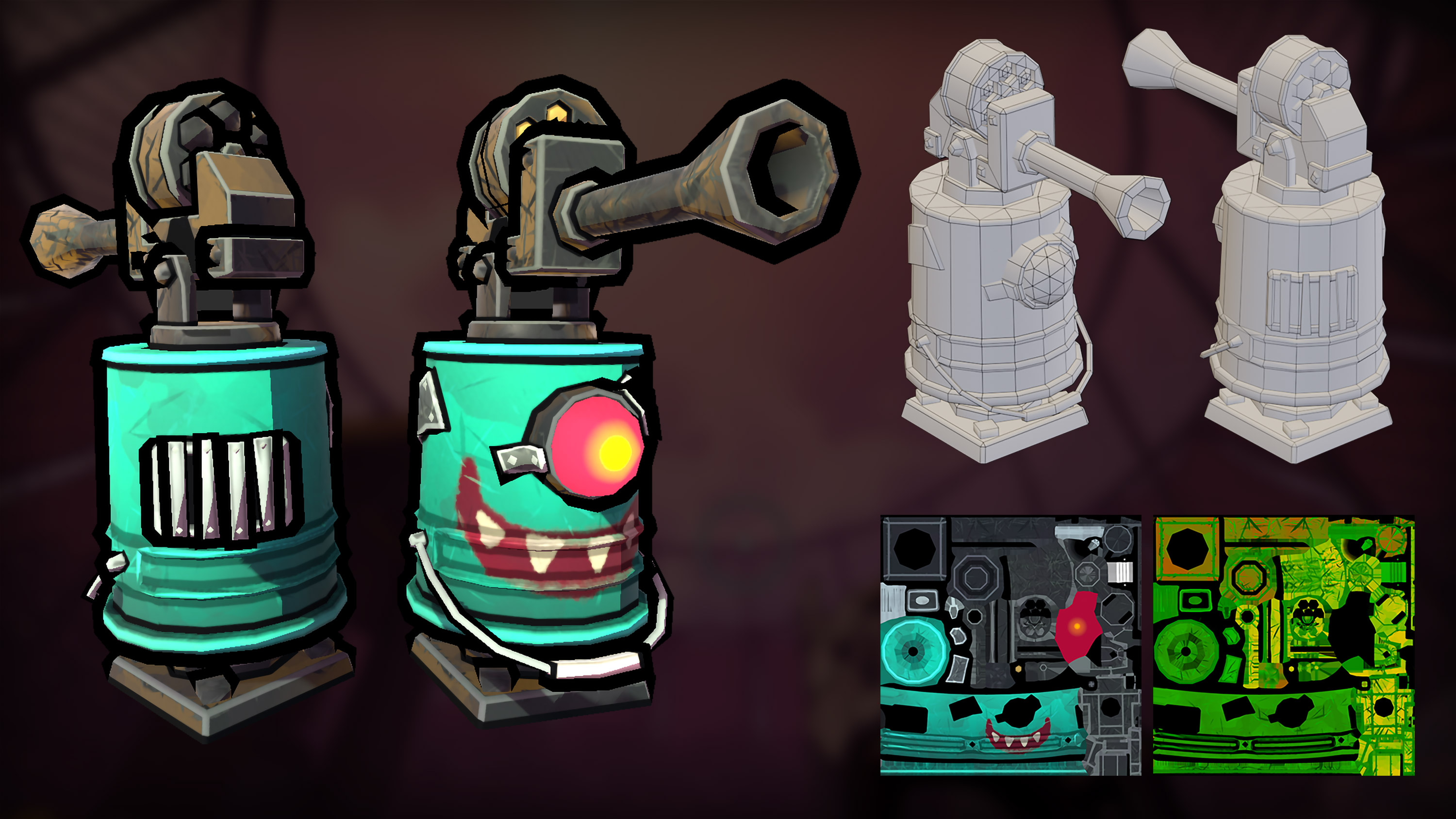 The bucket gun from Gobsmacked. We decided our enemies should always be comprised of identifiable parts, and those parts should lean towards being junky.