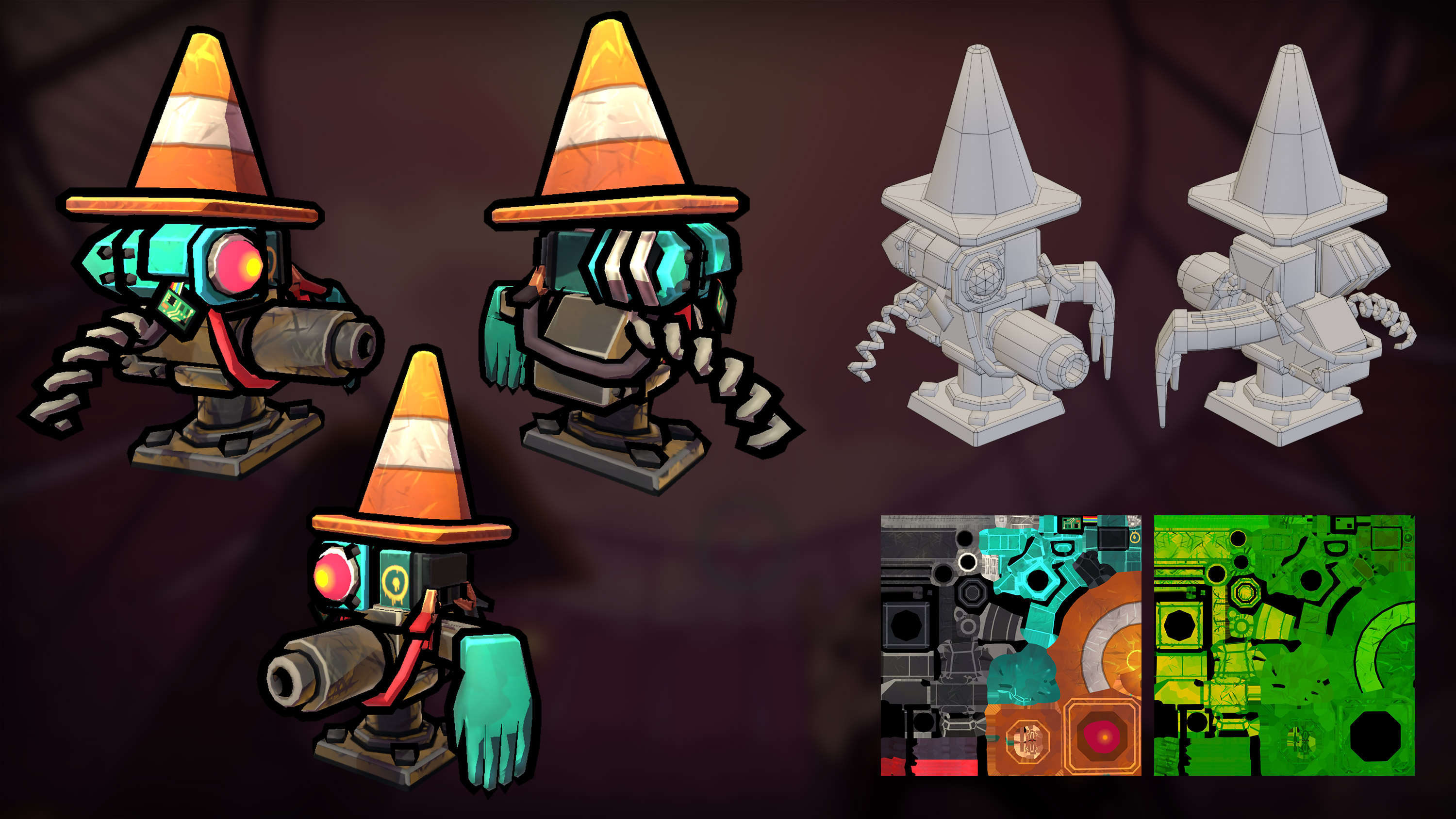 The traffic cone gunner. Like the weapons, the goblins try to make their turrets look like little creatures.
