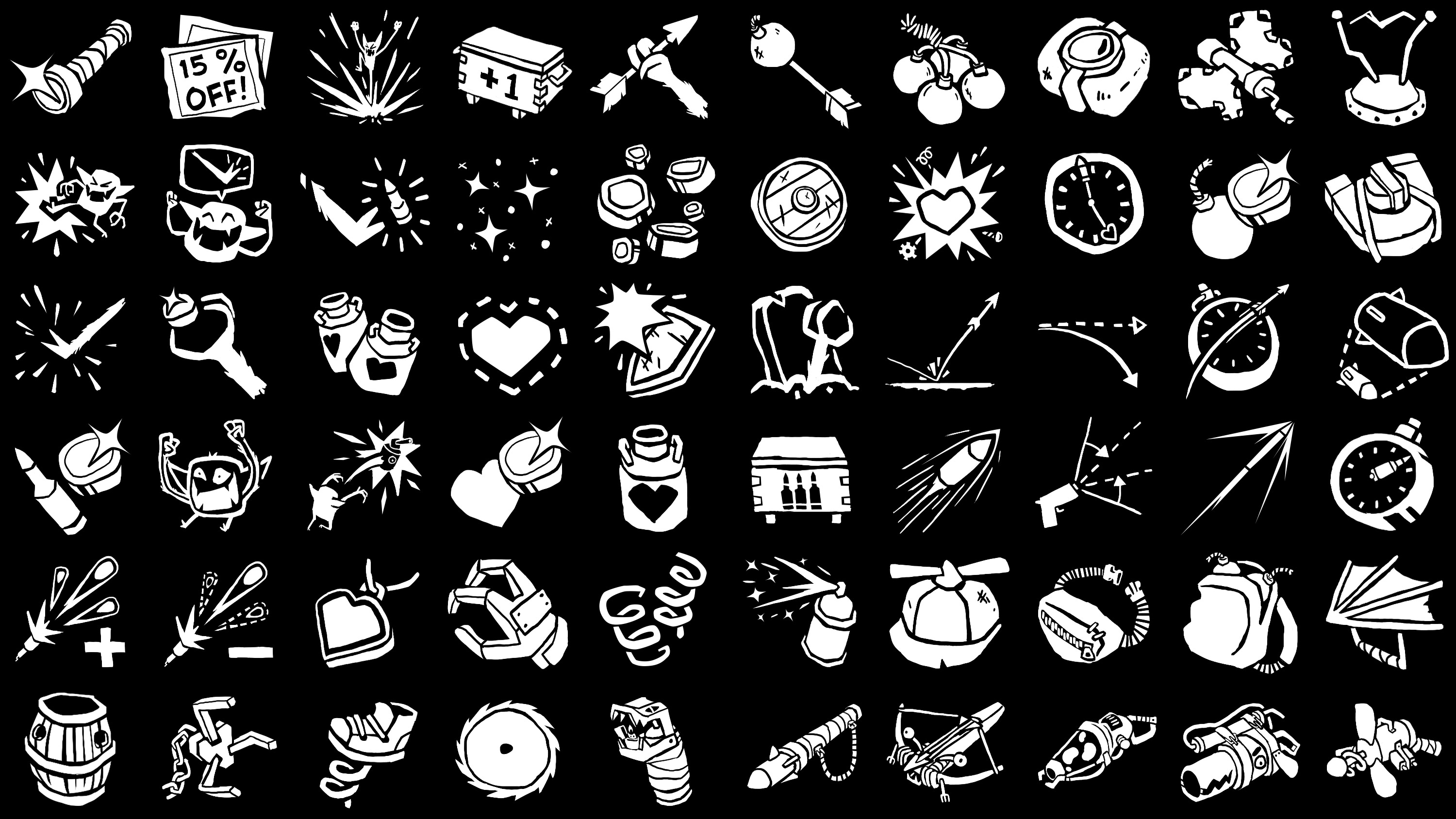 Icons from the various upgrades and unlocks from Gobsmacked. Big, bold, and slightly janky, just like the rest of the game's look.