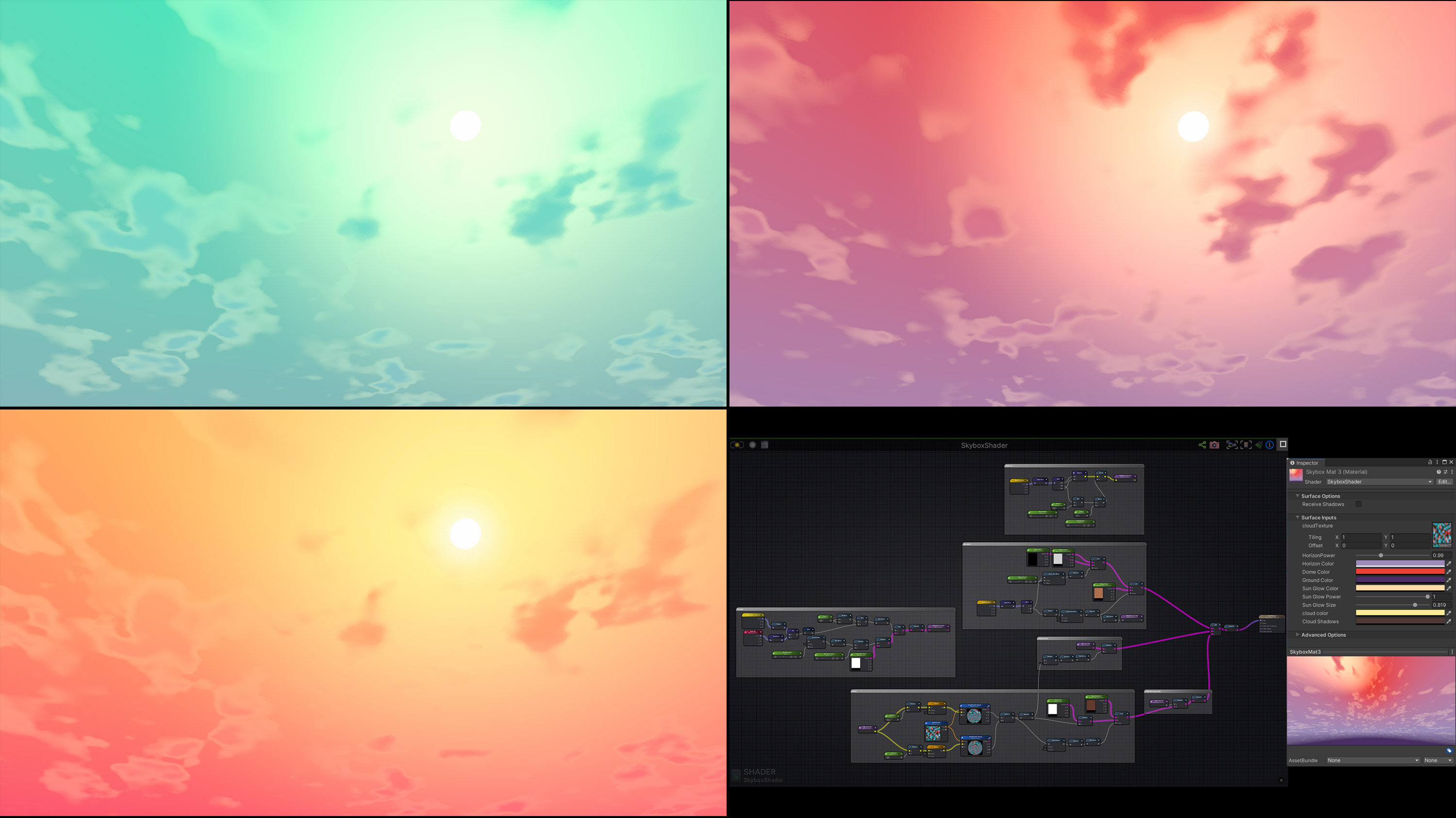 The sky shader worked with the fog color to ensure a colorful wash over each arena that was created by our procedural arena system.
