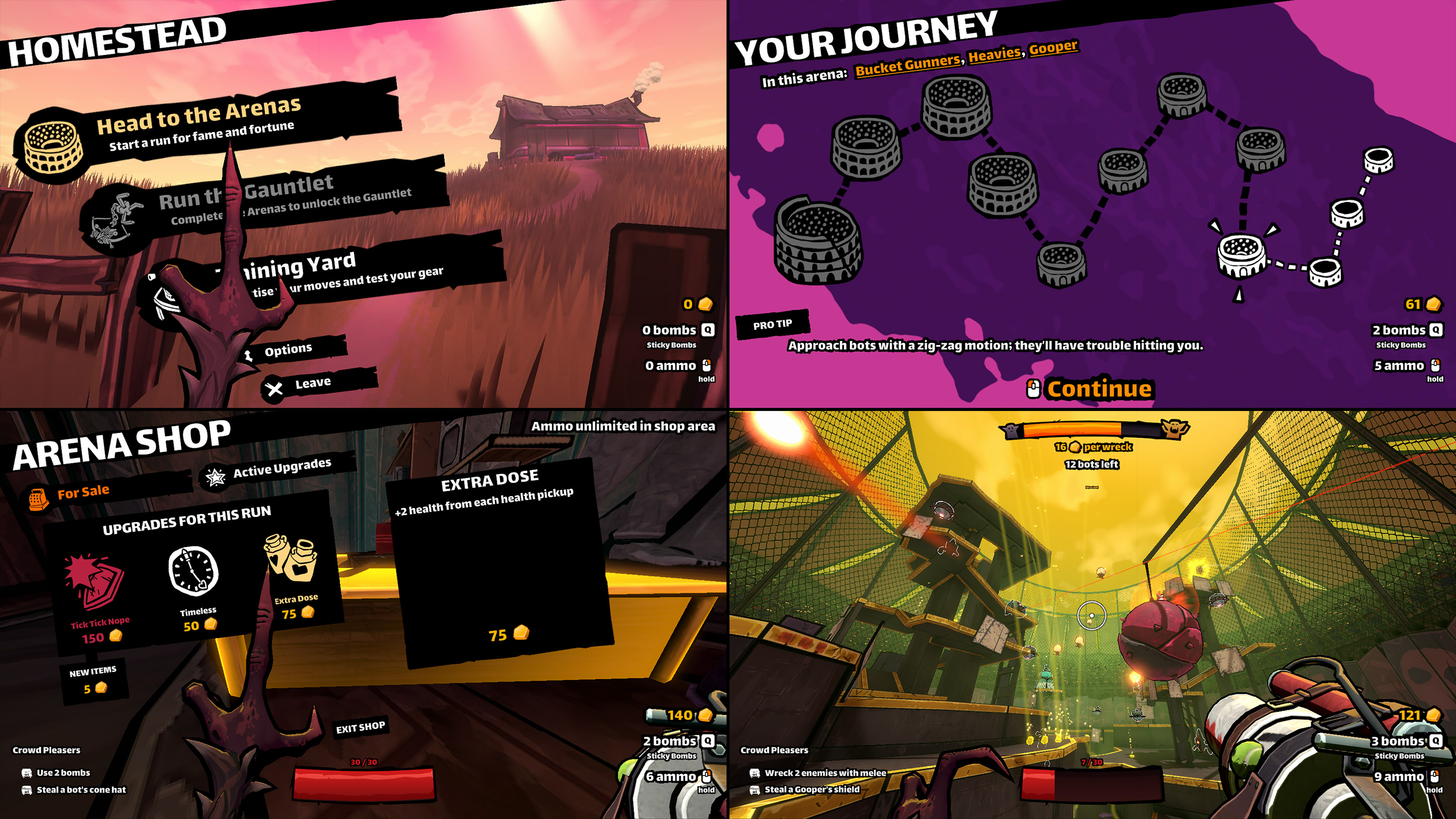 I favored big, bold shapes, colors, and placing elements at a slight angle to keep the UIs feeling energetic. The players first person hand was used as a pointer instead of a traditional cursor.