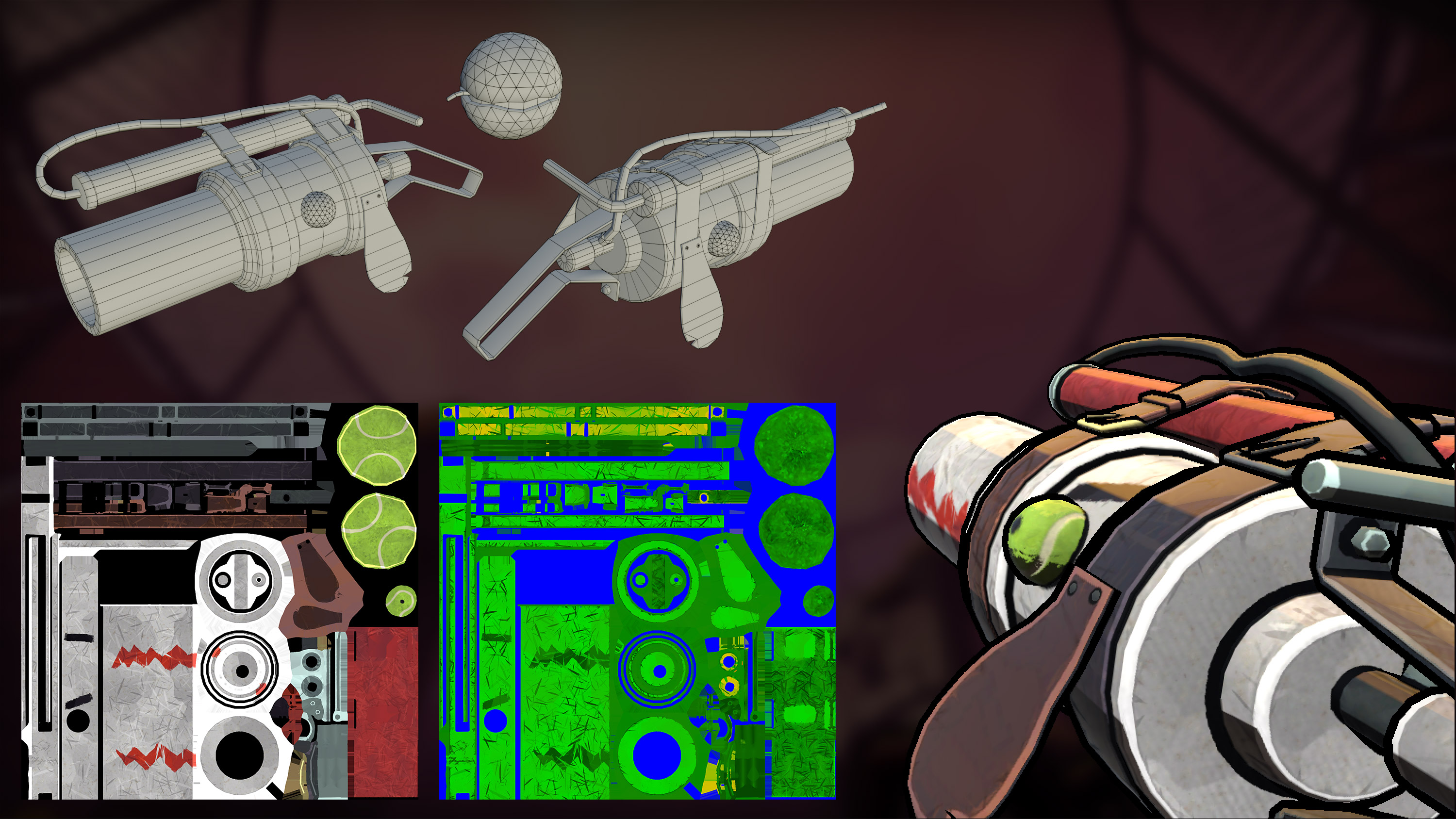 The grenade launcher from Gobsmacked. This is a bike-pump PVC cannon that shoots tennis ball bombs. I usually call it the dog gun.