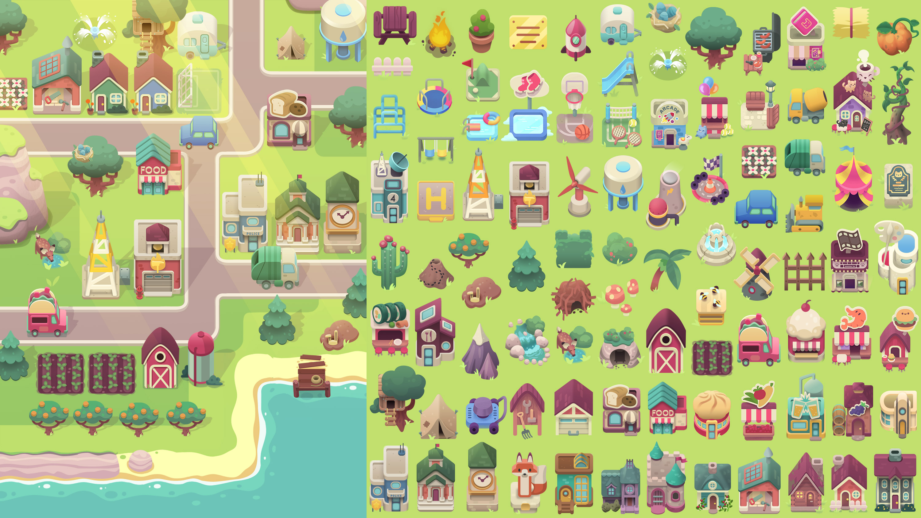 Town assets from Alphabear Hustle, a multiplayer version of Spry Fox's classic word game, Alphabear.