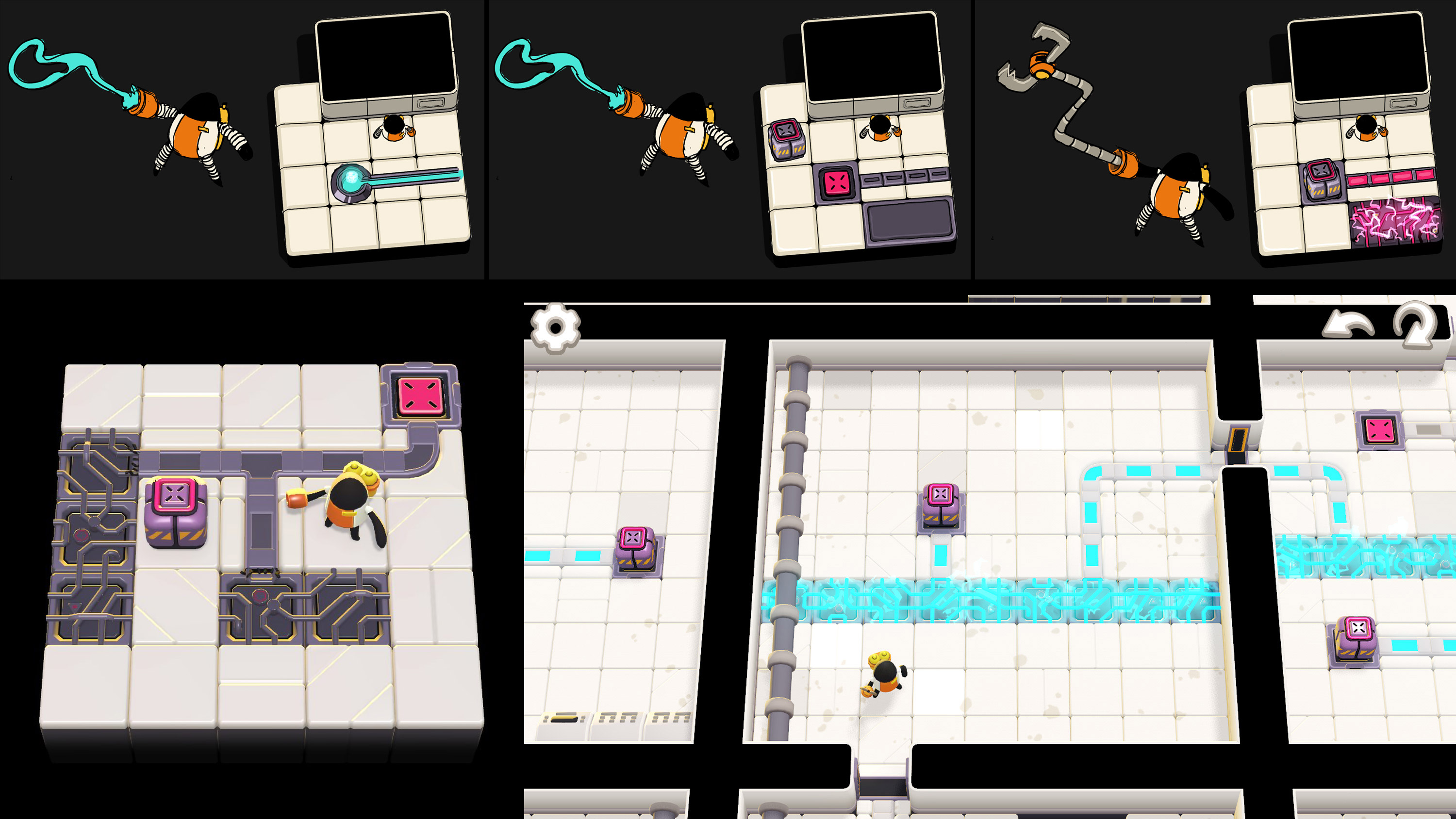 Work from An Electrifying Incident, an hour-long puzzle game from Draknek and Friends. The three images on the top were concept drawings, the bottom left is an in-engine diorama I created to act as a mini-mockup, and the bottom right is an in-game screenshot.