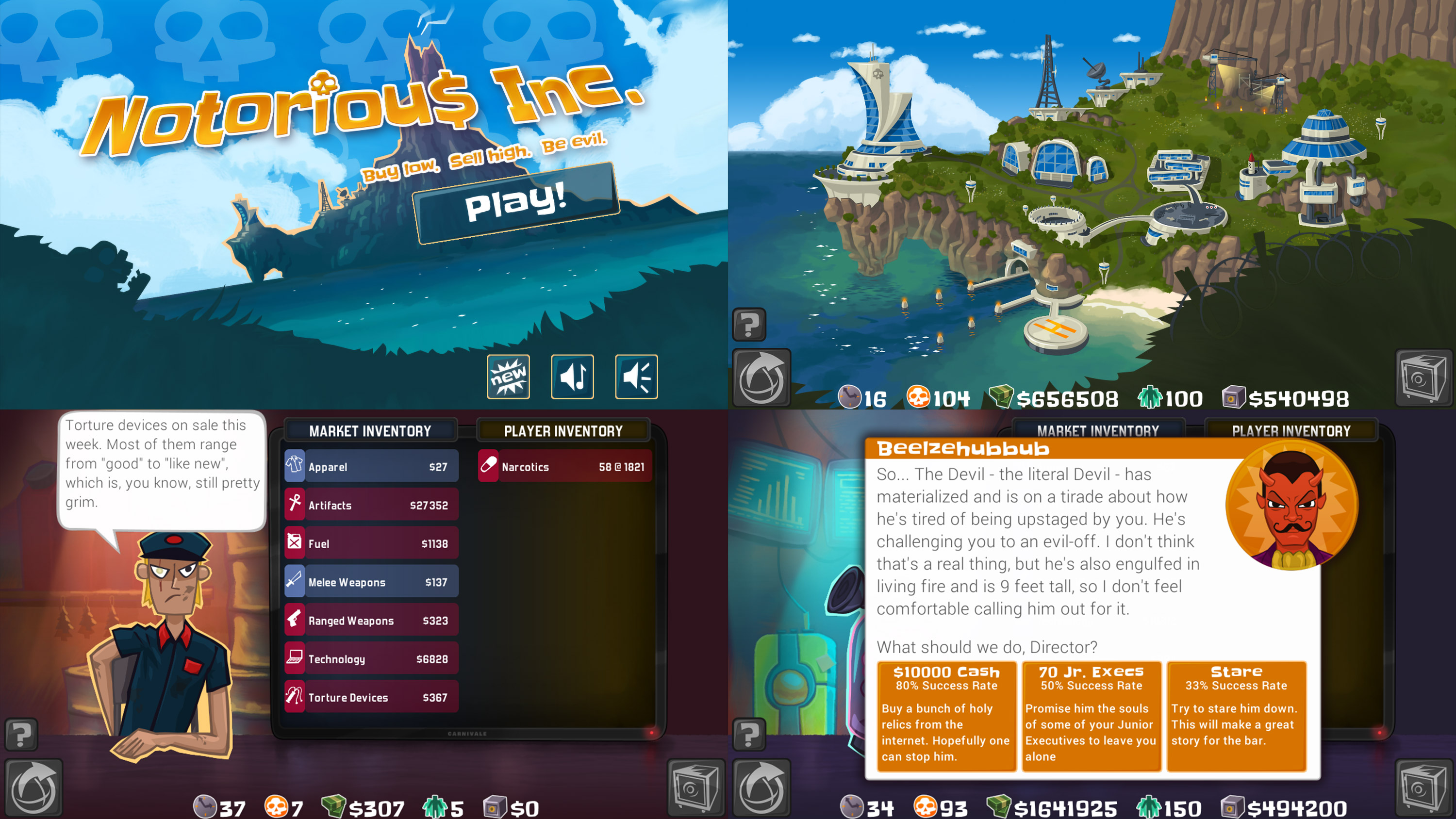 A series of screenshots from Notorious Inc, an arbitrage game made internally by Chickadee that tasks the player with being the CEO of a corrupt multinational corporation.