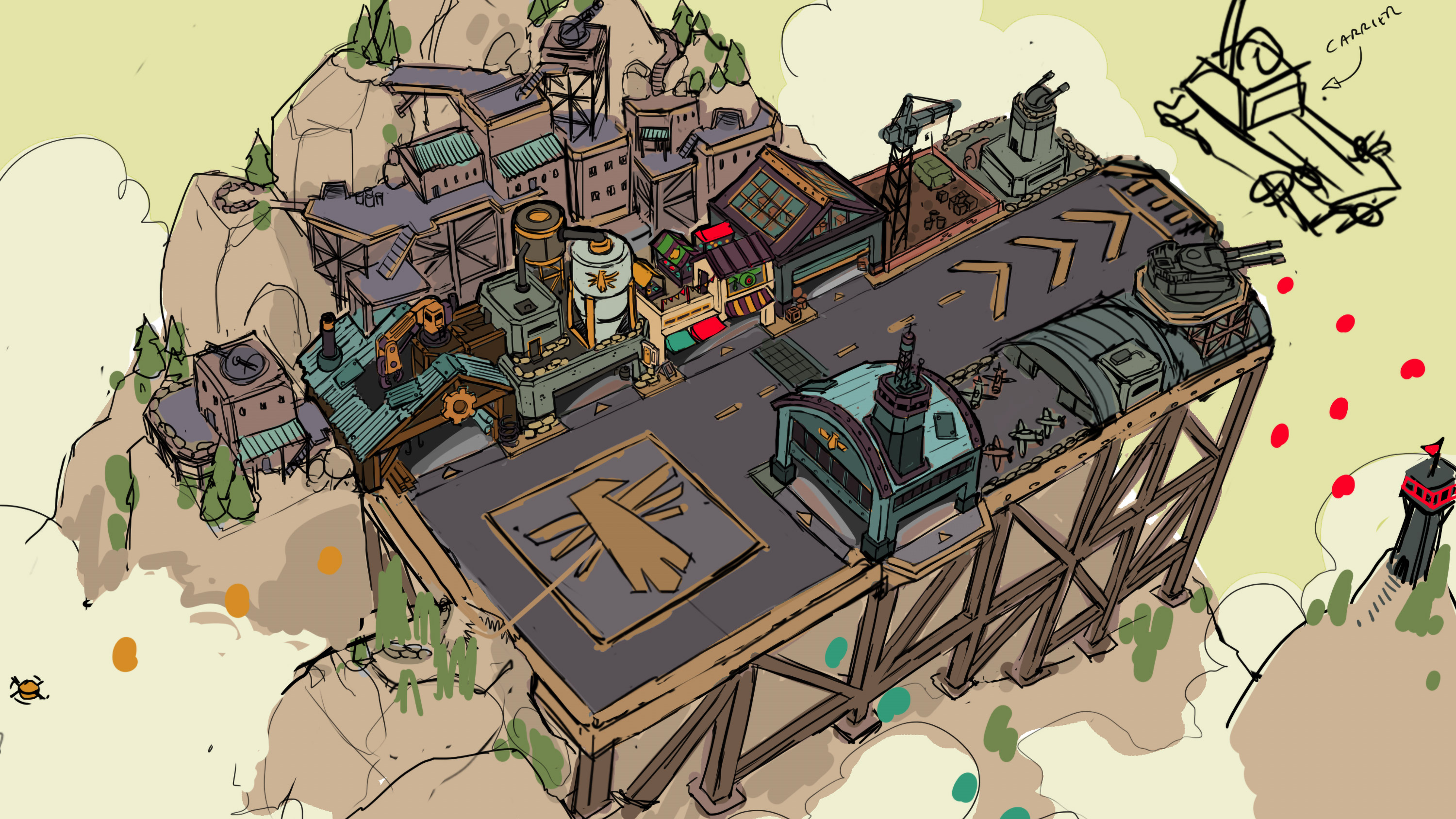 Concept art for the Rebel City - the players' collective home base -  from Steambirds Alliance, an bullethell MMO made by Spry Fox.