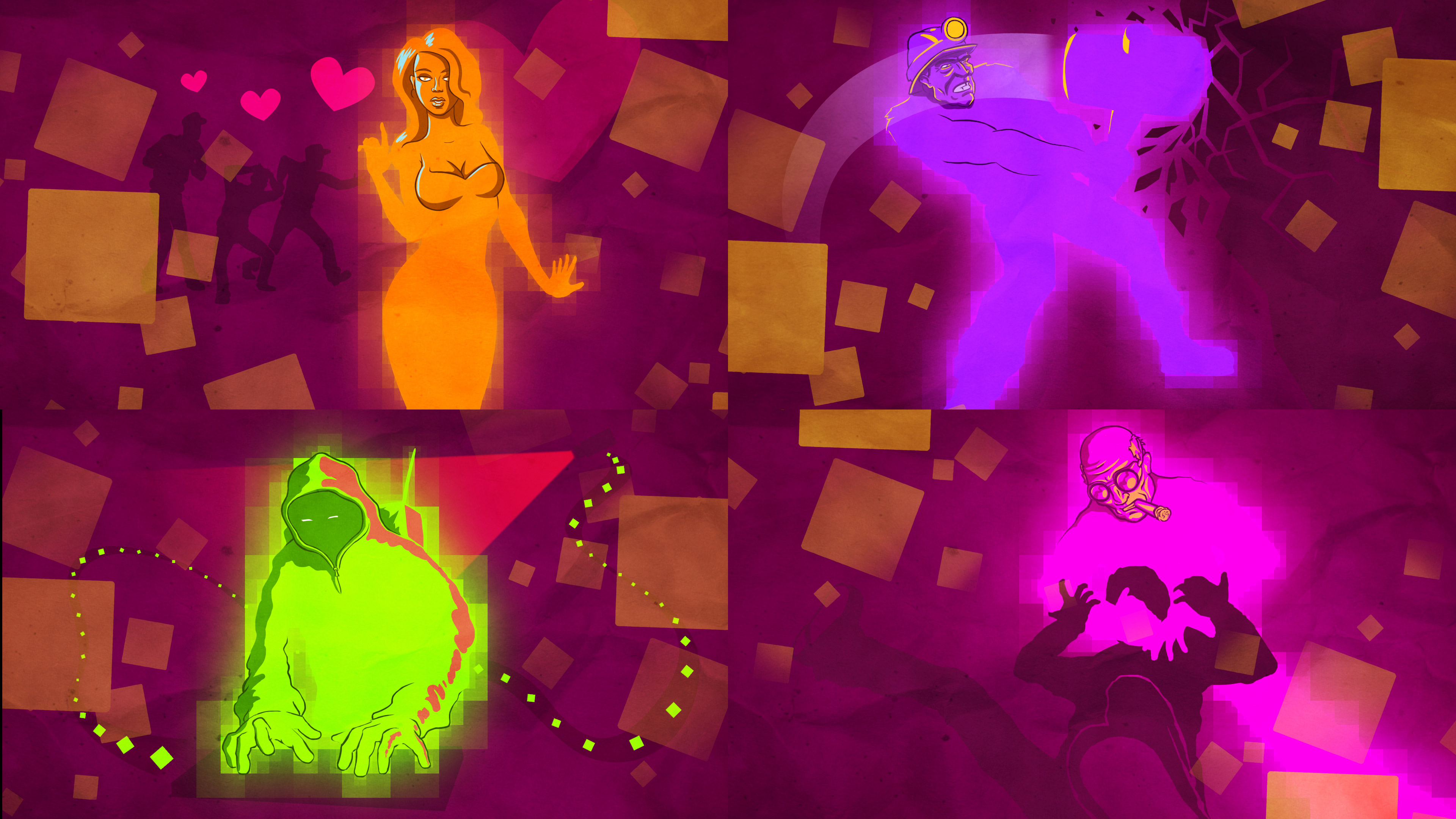 Four of the eight images I created for Monaco's Steam trading cards.